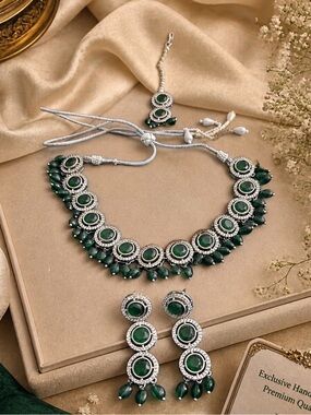 Emerald Green Crystal Accent Necklace & Earring Set - Women Jewelry
